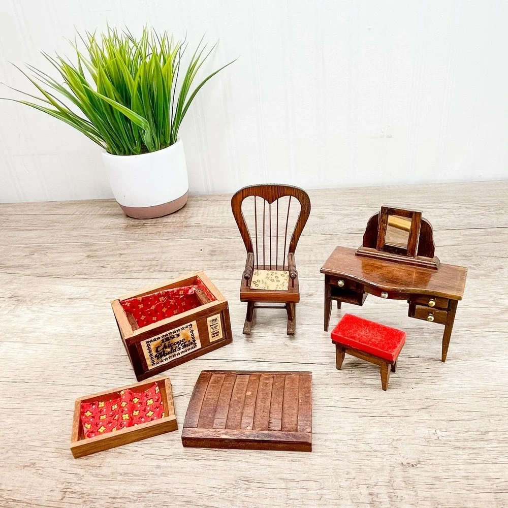 Miniature wooden‎ dollhouse Vanity with Mirror & Stool, Chest, & Rocking Chair